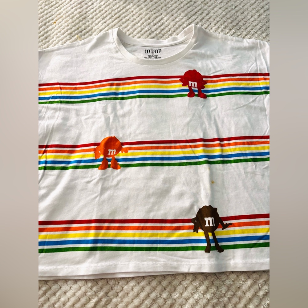 M&M'S Women White Tee with Colorful Stripes and Characters